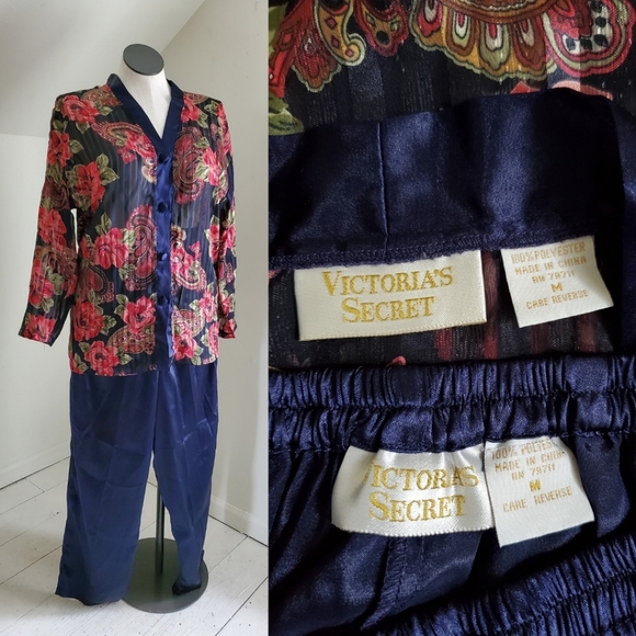 90s Vintage Gold Label Victoria's Secret Satin Floral Pajama Pants & Top… - Picture 1 of 9
